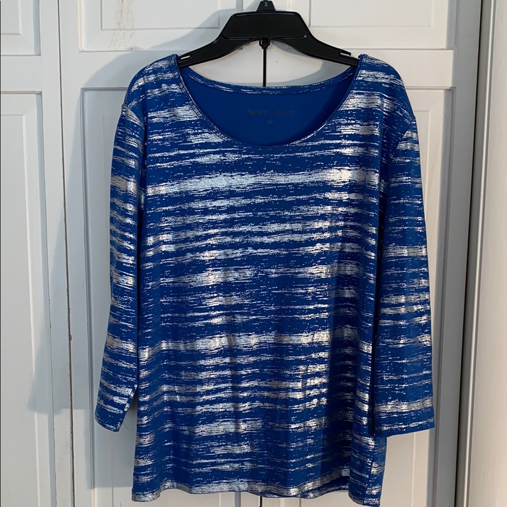 Rebecca Malone Blue & Silver Scoop Neck 3/4 Sleeve Blouse EUC